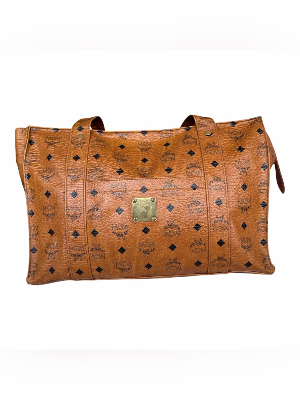 MCM Cognac Visetos Monogrammed Carryall with Gold Plaque